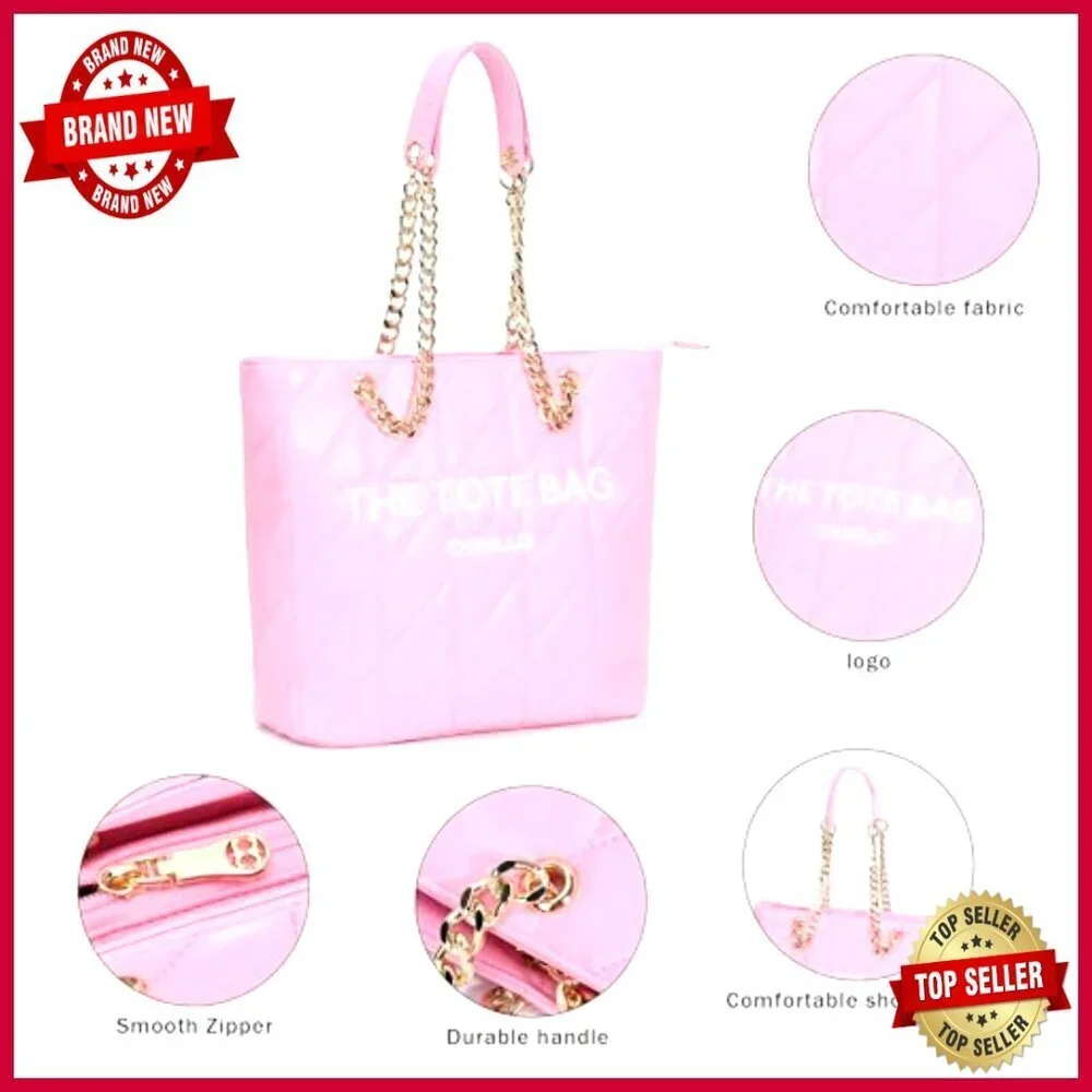 Large PU Leather Tote Bag with Zipper Compartments and Chain Strap